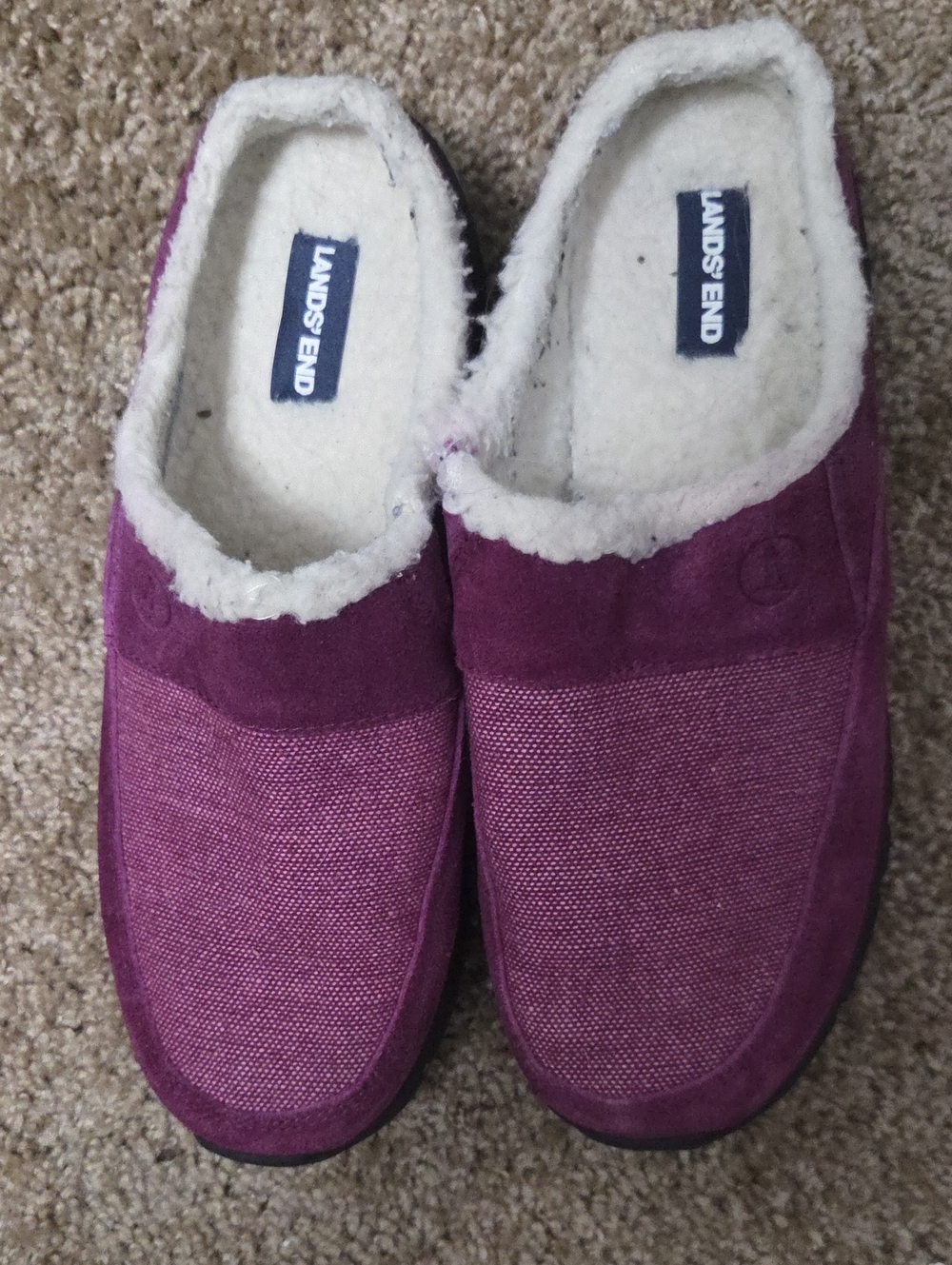 Lands' End Women's Plum Suede & Knit Cozy Slip-Ons SMALL